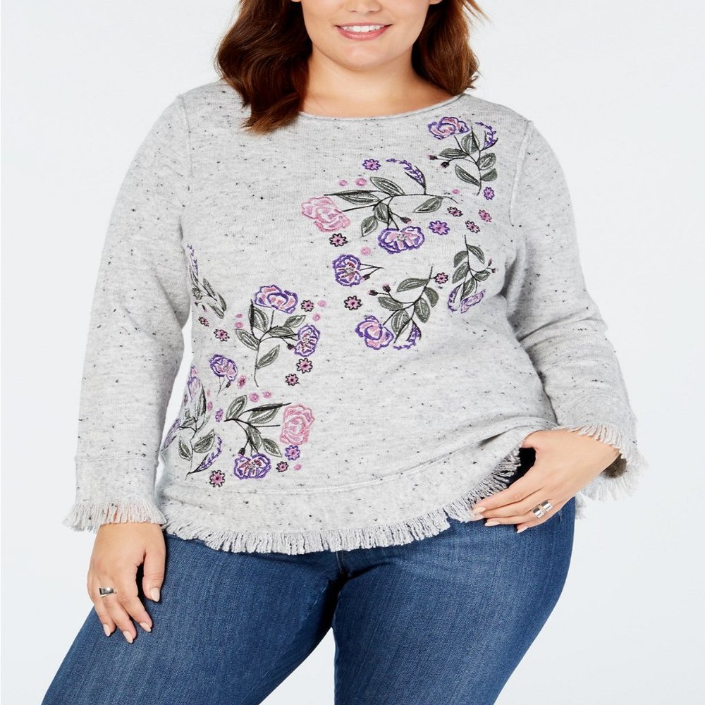 Style & Co Plus Size Embroidered Fringed Sweater, Size 0X, Retail $69.50